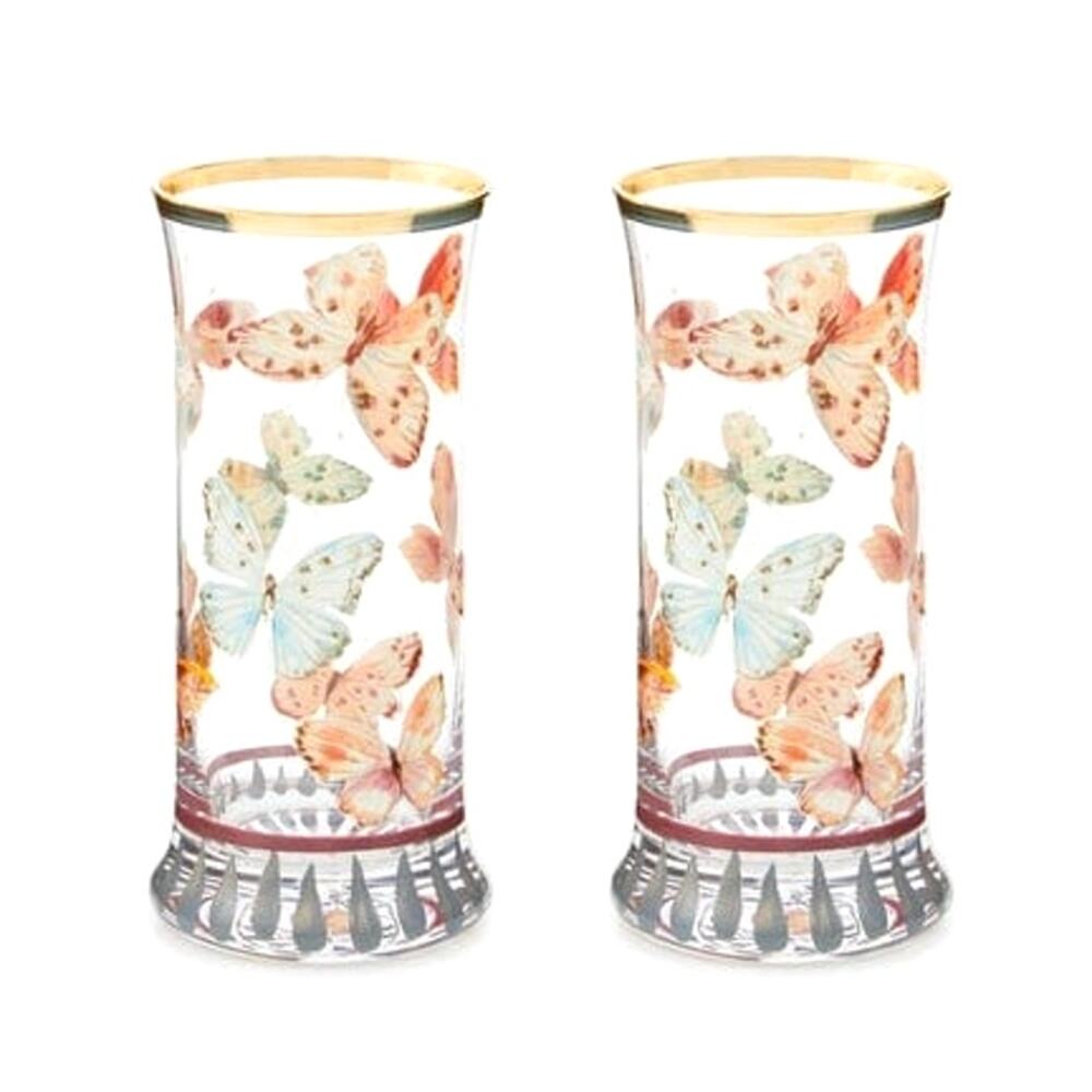 NEW Mackenzie Childs Butterfly Hill Highball Glass 15oz  Set of 2 Hand Painted